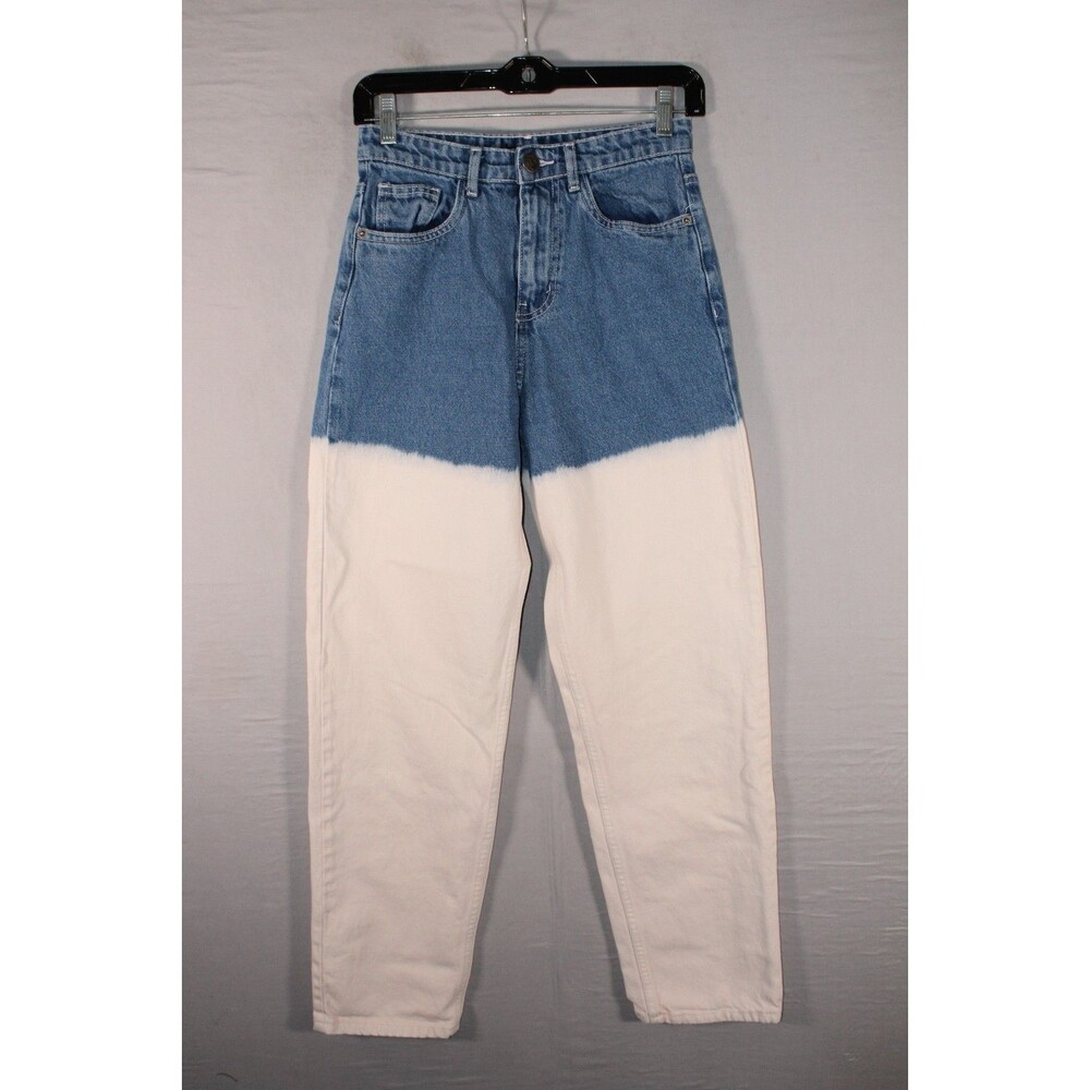Nasty Gal Colorblock Mom Jeans Size 2 High Waisted Dip Dye Two Tone White Blue